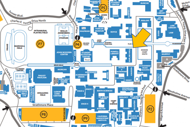 Map of UCLA campus with arrow pointing to Kaplan Hall